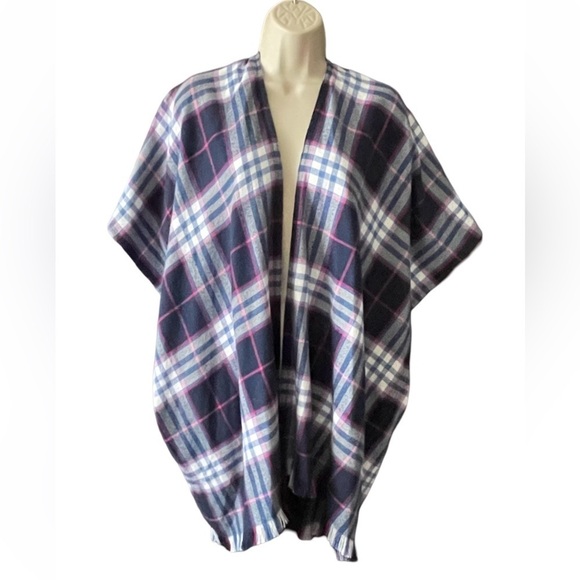 Ann Taylor Sweaters - Loft Womens Plaid Frayed Hem Knit Wrap Open Cardigan Sweater XS-S Blue Pink
